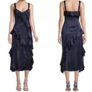 Cinq a Sept Gigi Ruffle and Ostrich Feather Silk Dress, Navy, 4